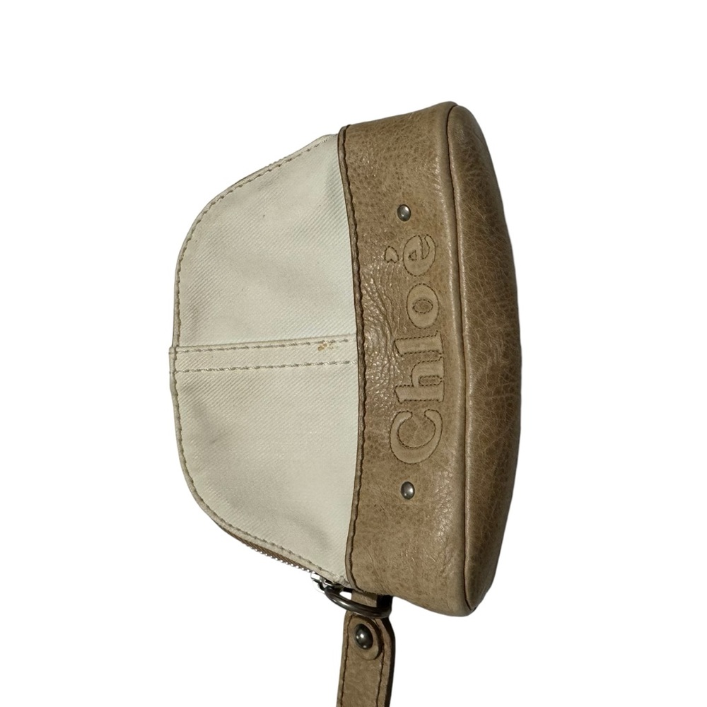 CHLOE  Tote Clutch Bag Leather/Canvas Front Pocket  Zip Top  Tan